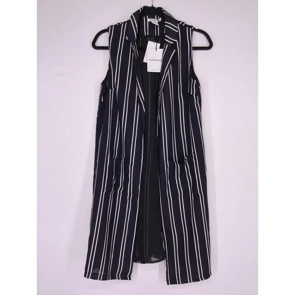 Glamorous Nordstrom Navy Striped Sleeveless Cardigan Women's Size‎ Medium NEW